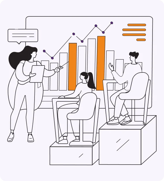 Three people discussing a bar chart and line graph, representing enhanced planning
