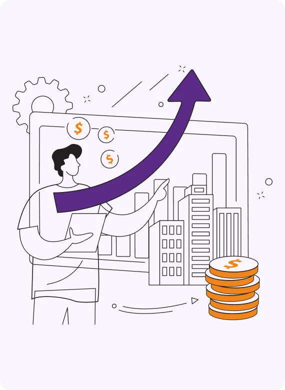 Illustration of a person with a tablet, pointing at a graph showing financial growth and buildings