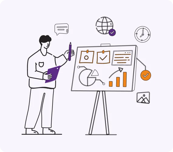 Stylised illustration of a person presenting data visualisations on a whiteboard, representing business intelligence