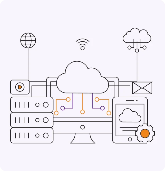 Illustration of cloud computing connecting servers, desktop, and mobile devices