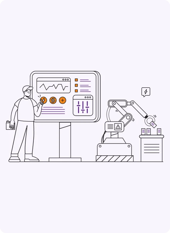 Illustration of a person interacting with a digital dashboard and a robotic arm in a manufacturing setting