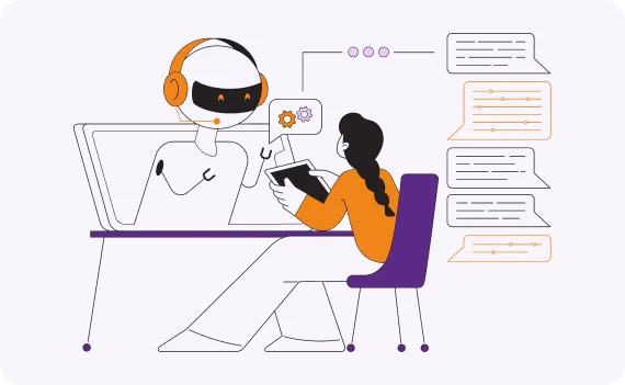 Stylised robot and person interacting with chat bubbles, representing AI consulting