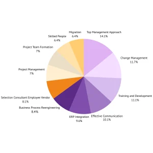 Pie chart showing factors for ERP success, with top management approach at 14.1%