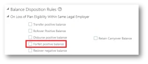 Screenshot of Oracle Cloud Balance Disposition Rules, highlighting Forfeit positive balance