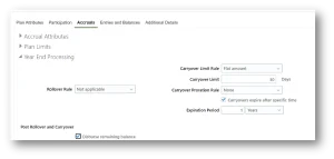 Oracle Cloud Accruals screen showing carryover rules and expiration period