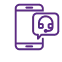 Purple outline icon of a mobile phone and a speech bubble with a headset, representing application support