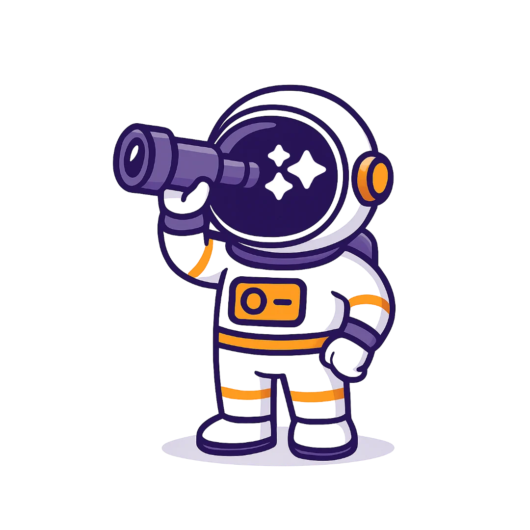 Cartoon astronaut in a black and purple suit looking through a telescope, representing foresight