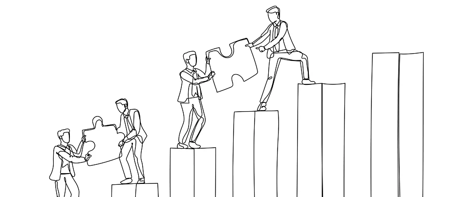 Line drawing of business people assembling a puzzle on a bar chart, symbolising progress