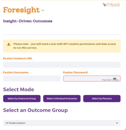 Foresight application screen showing login fields and outcome selection options