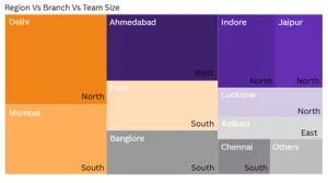 Treemap showing region, branch, and team size data for various Indian cities