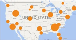 Map of the United States with orange circles indicating data points, demonstrating data visualisation