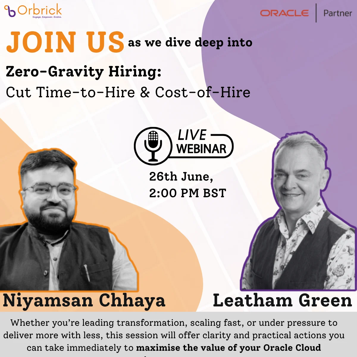 Webinar advertisement for Zero-Gravity Hiring featuring Niyamsan Chhaya and Leatham Green