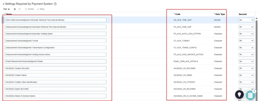 Oracle Fusion screenshot showing payment system settings for ISO 20022 acknowledgements