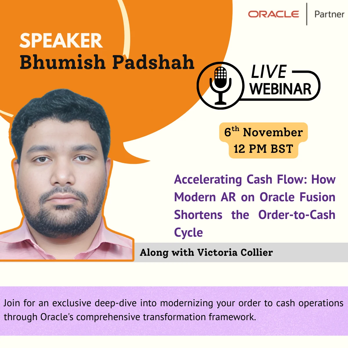 Promotional graphic for a webinar on Oracle Fusion, featuring speaker Bhumish Padshah