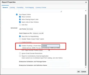Oracle ERP System Report Properties screen showing the Enable Chunking option