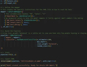 Python code for a machine learning pipeline, showing data mapping, model building, training, and export