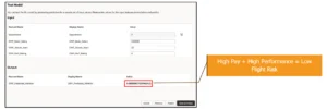 Oracle EPM Test Model screen showing input and output parameters for flight risk prediction