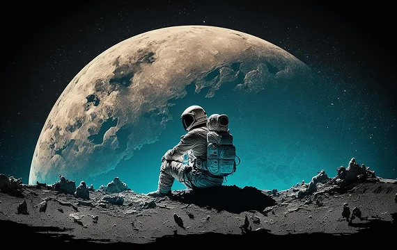 Astronaut sitting on a moon-like surface looking at a large planet, representing exploration and vision