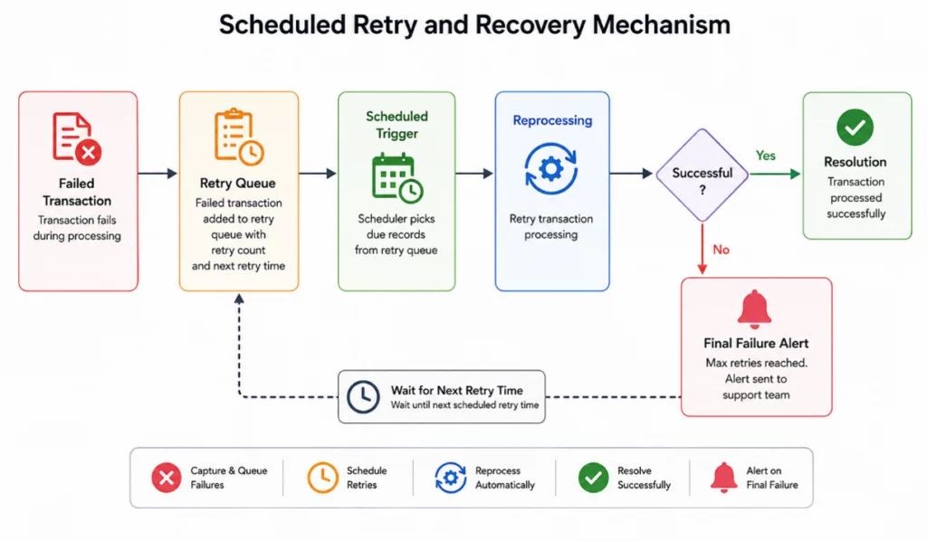 Persistent failures generate operational alerts.